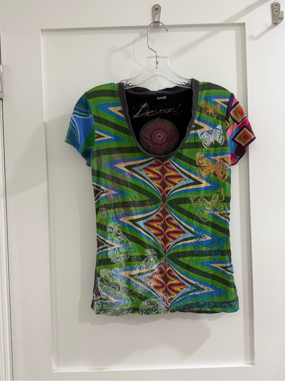 Desigual multicolor multi pattern rounded v neck top (fits like S)